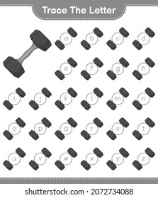 Trace the letter. Tracing letter alphabet with Dumbbell. Educational children game, printable worksheet, vector illustration