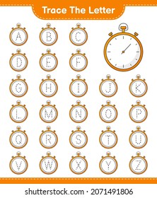 Trace the letter. Tracing letter alphabet with Foam Stopwatch. Educational children game, printable worksheet, vector illustration