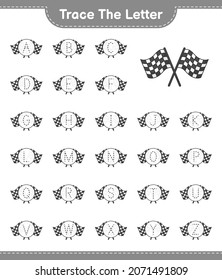 Trace the letter. Tracing letter alphabet with Foam Racing Flags. Educational children game, printable worksheet, vector illustration
