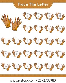 Trace the letter. Tracing letter alphabet with Foam Golf Gloves. Educational children game, printable worksheet, vector illustration