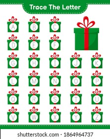 Trace the letter. Tracing letter alphabet with Gift Boxes. Educational children game, printable worksheet, vector illustration
