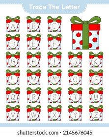 Trace the letter. Tracing letter alphabet with Gift Box. Educational children game, printable worksheet, vector illustration