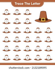 Trace the letter. Tracing letter alphabet with Hat. Educational children game, printable worksheet, vector illustration