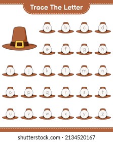 Trace the letter. Tracing letter alphabet with Hat. Educational children game, printable worksheet, vector illustration