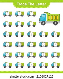 Trace the letter. Tracing letter alphabet with Lorry. Educational children game, printable worksheet, vector illustration