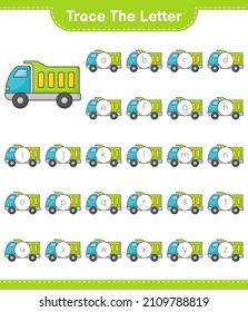 Trace the letter. Tracing letter alphabet with Lorry. Educational children game, printable worksheet, vector illustration