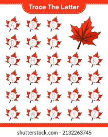 Trace the letter. Tracing letter alphabet with Maple Leaf. Educational children game, printable worksheet, vector illustration