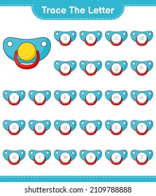 Trace the letter. Tracing letter alphabet with Pacifier. Educational children game, printable worksheet, vector illustration
