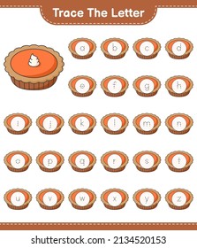 Trace the letter. Tracing letter alphabet with Pie. Educational children game, printable worksheet, vector illustration