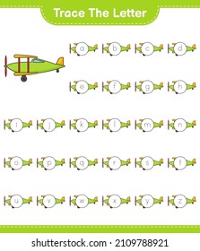 Trace the letter. Tracing letter alphabet with Plane. Educational children game, printable worksheet, vector illustration