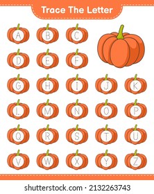 Trace the letter. Tracing letter alphabet with Pumpkin. Educational children game, printable worksheet, vector illustration