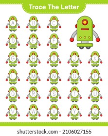 Trace the letter. Tracing letter alphabet with Robot Character. Educational children game, printable worksheet, vector illustration