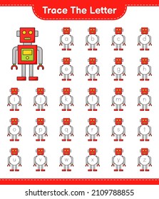 Trace the letter. Tracing letter alphabet with Robot Character. Educational children game, printable worksheet, vector illustration