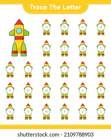 Rastrear la carta. Alfabeto de letra de seguimiento con cohete. Juego infantil educativo, hoja de cálculo imprimible, ilustración vectorial