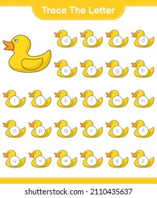 Trace the letter. Tracing letter alphabet with Rubber Duck. Educational children game, printable worksheet, vector illustration