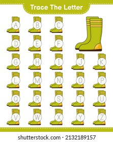 Trace the letter. Tracing letter alphabet with Rubber Boots. Educational children game, printable worksheet, vector illustration