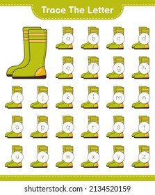Trace the letter. Tracing letter alphabet with Rubber Boots. Educational children game, printable worksheet, vector illustration