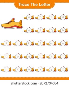 Trace the letter. Tracing letter alphabet with Running Shoes. Educational children game, printable worksheet, vector illustration