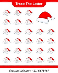 Trace the letter. Tracing letter alphabet with Santa Hat. Educational children game, printable worksheet, vector illustration