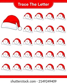 Trace the letter. Tracing letter alphabet with Santa Hat. Educational children game, printable worksheet, vector illustration