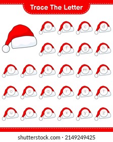 Trace the letter. Tracing letter alphabet with Santa Hat. Educational children game, printable worksheet, vector illustration