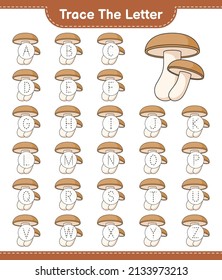 Trace the letter. Tracing letter alphabet with Shiitake. Educational children game, printable worksheet, vector illustration