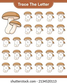 Trace the letter. Tracing letter alphabet with Shiitake. Educational children game, printable worksheet, vector illustration