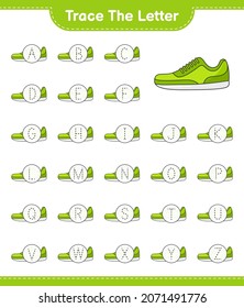 Trace the letter. Tracing letter alphabet with Sneaker. Educational children game, printable worksheet, vector illustration