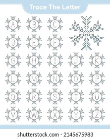 Trace the letter. Tracing letter alphabet with Snowflake. Educational children game, printable worksheet, vector illustration