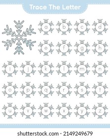 Trace the letter. Tracing letter alphabet with Snowflake. Educational children game, printable worksheet, vector illustration