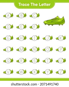 Trace the letter. Tracing letter alphabet with Soccer Shoes. Educational children game, printable worksheet, vector illustration