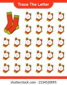 Trace the letter. Tracing letter alphabet with Socks. Educational children game, printable worksheet, vector illustration
