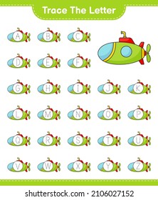 Trace the letter. Tracing letter alphabet with Submarine. Educational children game, printable worksheet, vector illustration
