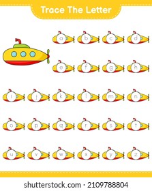Trace the letter. Tracing letter alphabet with Submarine. Educational children game, printable worksheet, vector illustration