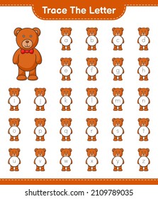 Trace the letter. Tracing letter alphabet with Teddy Bear. Educational children game, printable worksheet, vector illustration