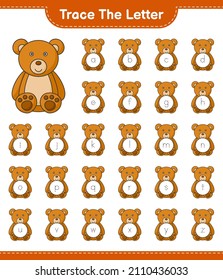 Trace the letter. Tracing letter alphabet with Teddy Bear. Educational children game, printable worksheet, vector illustration