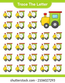 Trace the letter. Tracing letter alphabet with Train. Educational children game, printable worksheet, vector illustration