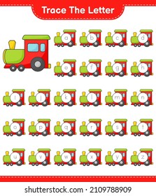 Trace the letter. Tracing letter alphabet with Train. Educational children game, printable worksheet, vector illustration