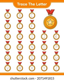 Trace the letter. Tracing letter alphabet with Trophy. Educational children game, printable worksheet, vector illustration