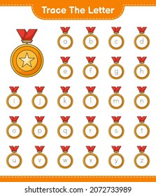 Trace the letter. Tracing letter alphabet with Trophy. Educational children game, printable worksheet, vector illustration