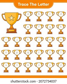 Rastrear la carta. Trazando alfabeto con trofeo. Juego infantil educativo, hoja de cálculo imprimible, ilustración vectorial