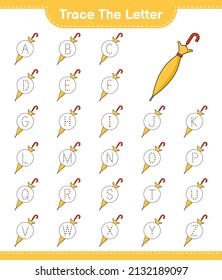 Trace the letter. Tracing letter alphabet with Umbrella. Educational children game, printable worksheet, vector illustration