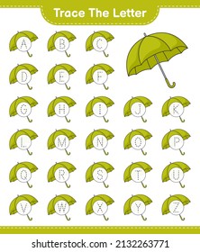 Trace the letter. Tracing letter alphabet with Umbrella. Educational children game, printable worksheet, vector illustration