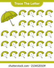 Trace the letter. Tracing letter alphabet with Umbrella. Educational children game, printable worksheet, vector illustration