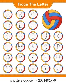Trace the letter. Tracing letter alphabet with Volleyball. Educational children game, printable worksheet, vector illustration