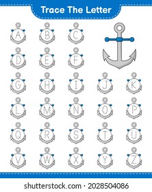 Trace the letter. Tracing letter with Anchor. Educational children game, printable worksheet, vector illustration