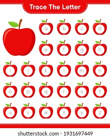 Rastrear la carta. Letra de seguimiento con Apple. Juego infantil educativo, hoja de cálculo imprimible, ilustración vectorial