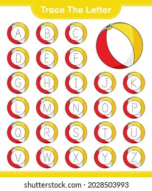 Trace the letter. Tracing letter with Beach Ball. Educational children game, printable worksheet, vector illustration