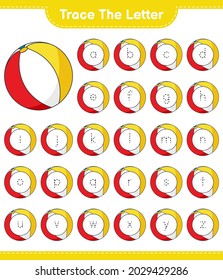 Trace the letter. Tracing letter with Beach Ball. Educational children game, printable worksheet, vector illustration
