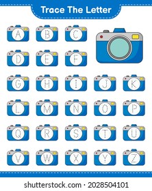 Trace the letter. Tracing letter with Camera. Educational children game, printable worksheet, vector illustration
